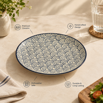 Blue Wave Pattern Ceramic Dinner Plates – Set of 3