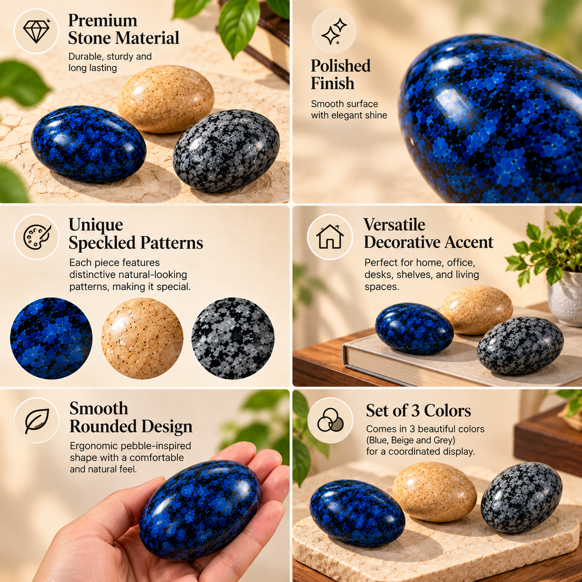 Decorative Ceramic Stone Pebbles – Set of 3 Textured Accent Stones