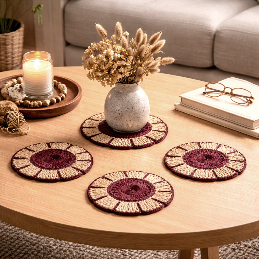 Handcrafted Jute Coaster Set of 4 – Floral Design Table Mats I Drink Docks I 8 Inch