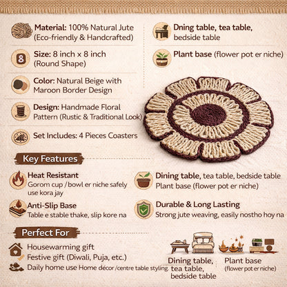 Handcrafted Jute Coaster Set of 4 – Floral Design Table Mats I Drink Docks I 8 Inch