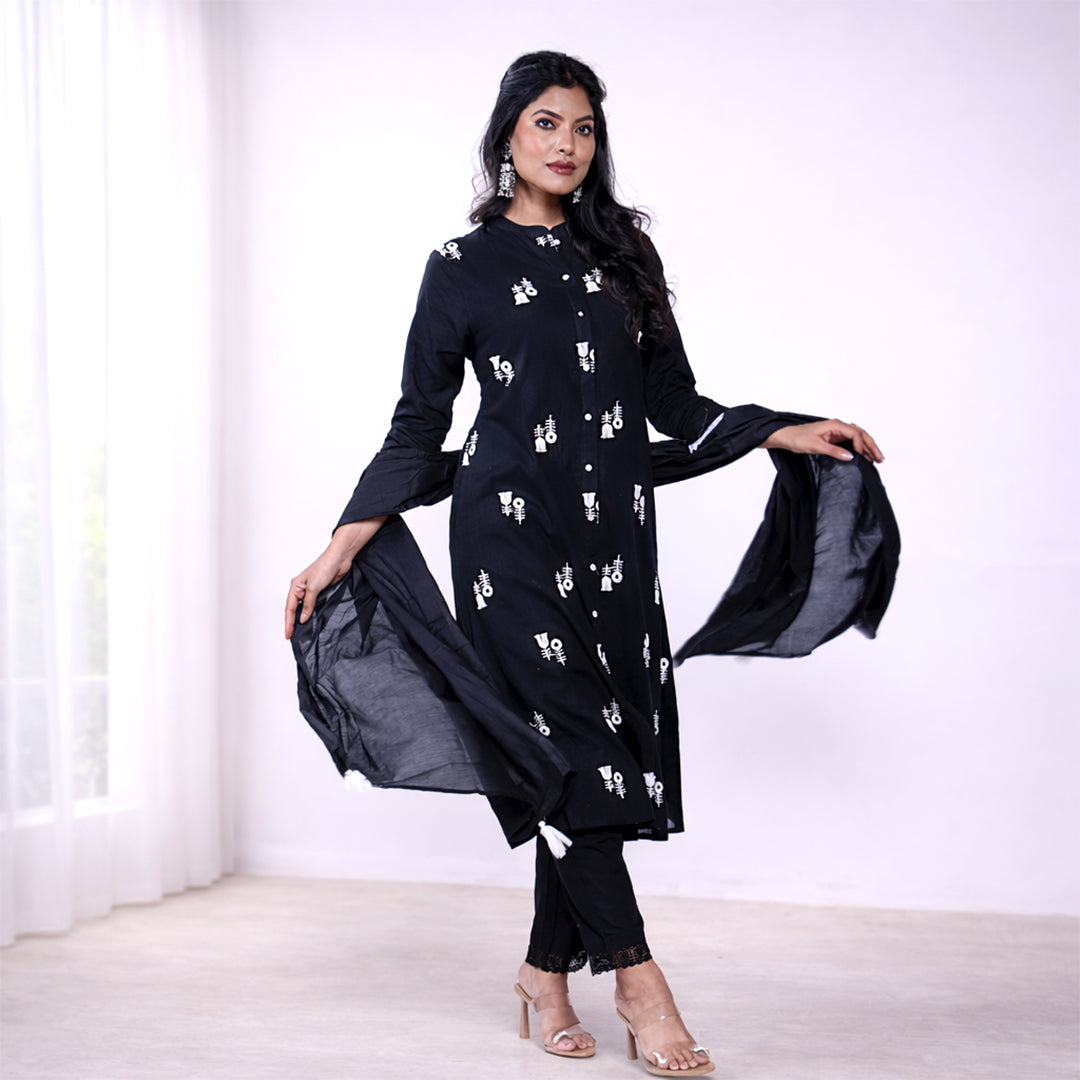 Women's Black Printed Cotton Kurta Set with Dupatta | 3-Piece Ethnic Suit Set | Casual, Office & Festive Wear