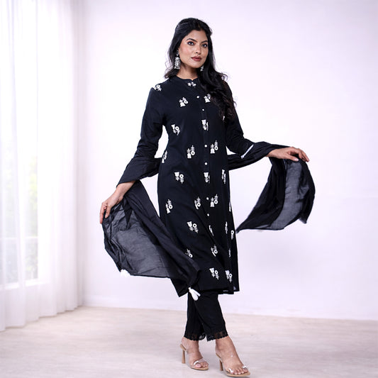Women's Black Printed Cotton Kurta Set with Dupatta | 3-Piece Ethnic Suit Set | Casual, Office & Festive Wear
