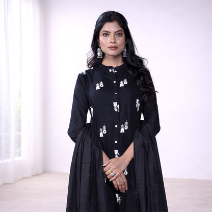 Women's Black Printed Cotton Kurta Set with Dupatta | 3-Piece Ethnic Suit Set | Casual, Office & Festive Wear