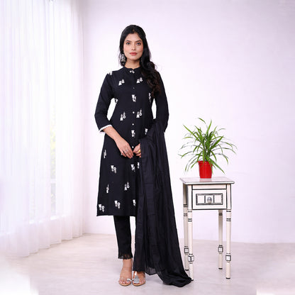 Women's Black Printed Cotton Kurta Set with Dupatta | 3-Piece Ethnic Suit Set | Casual, Office & Festive Wear