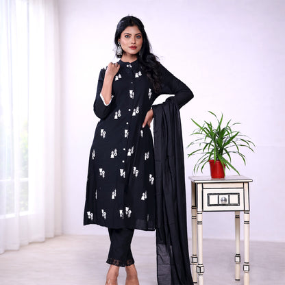 Women's Black Printed Cotton Kurta Set with Dupatta | 3-Piece Ethnic Suit Set | Casual, Office & Festive Wear