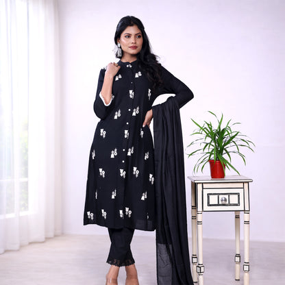 Women's Black Printed Cotton Kurta Set with Dupatta | 3-Piece Ethnic Suit Set | Casual, Office & Festive Wear