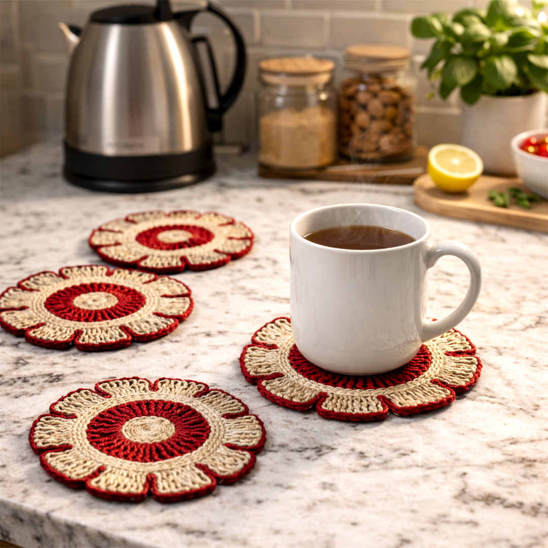 Handcrafted Jute Coaster Set of 4 – Floral Design Table Mats I Drink Docks I Sip 'n' Slide I 8 Inch