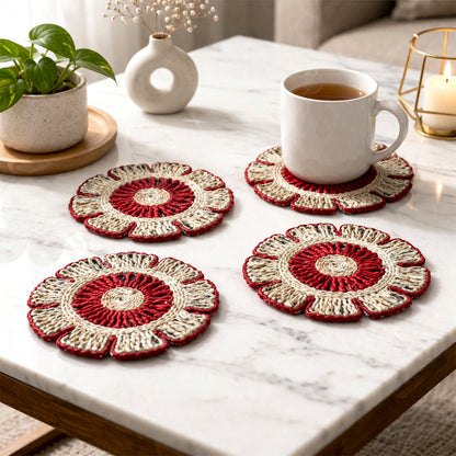 Handcrafted Jute Coaster Set of 4 – Floral Design Table Mats I Drink Docks I Sip 'n' Slide I 8 Inch