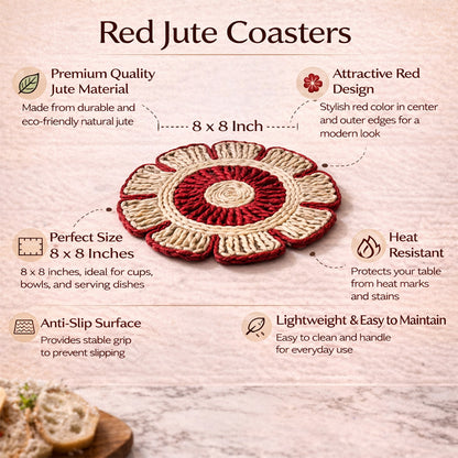 Handcrafted Jute Coaster Set of 4 – Floral Design Table Mats I Drink Docks I Sip 'n' Slide I 8 Inch