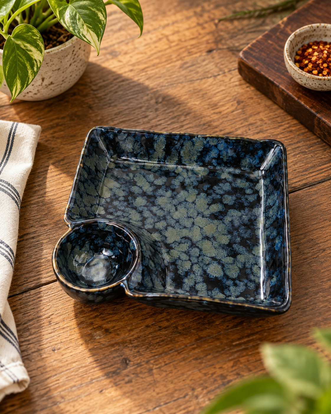 Handcrafted Ceramic Serving Tray with Dip Bowl in Blue Colour