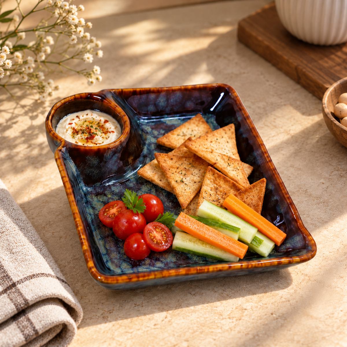 Handcrafted Ceramic Serving Tray with Dip Bowl in Blue & Brown Colour