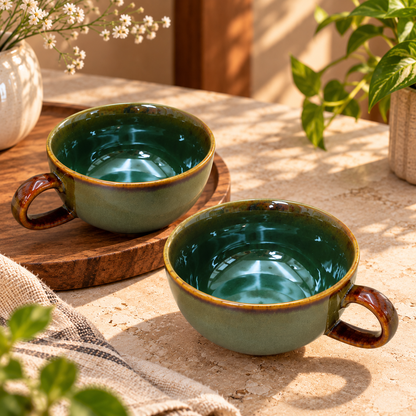 Handcrafted Ceramic Cups Set of 2 in Olive Green with Deep Green colour