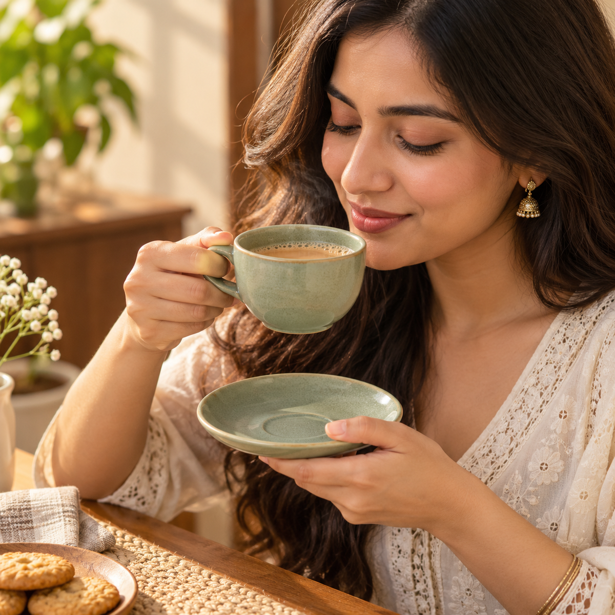Elegant Ceramic Tea Cup with Saucer in Sage Green Colour