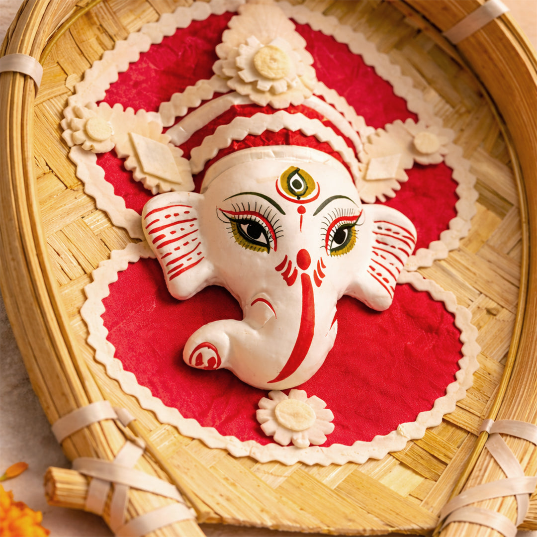 Handcrafted Sholapith Ganesh Wall Hanging | Traditional Bengali Ganesh Face Art on Bamboo Kulo | Ethnic Home Décor I Ganesh Ji