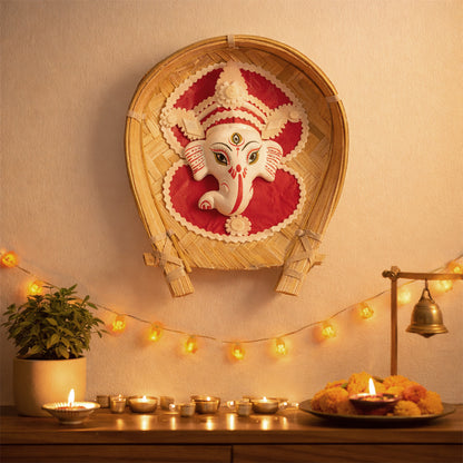 Handcrafted Sholapith Ganesh Wall Hanging | Traditional Bengali Ganesh Face Art on Bamboo Kulo | Ethnic Home Décor I Ganesh Ji