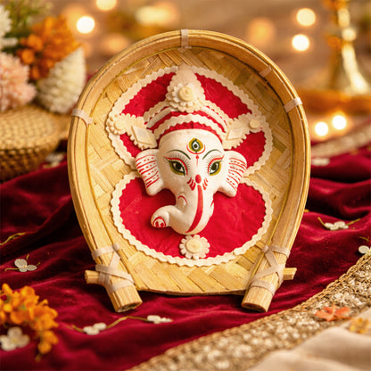 Handcrafted Sholapith Ganesh Wall Hanging | Traditional Bengali Ganesh Face Art on Bamboo Kulo | Ethnic Home Décor I Ganesh Ji