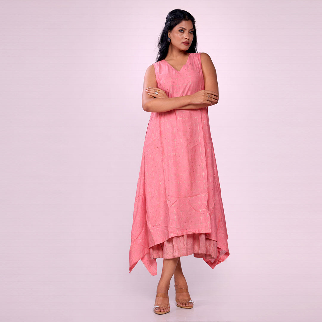 Women's Coral Pink Chanderi Midi Dress | Sleeveless Flared Ethnic Dress | Casual, Festive & Summer Wear