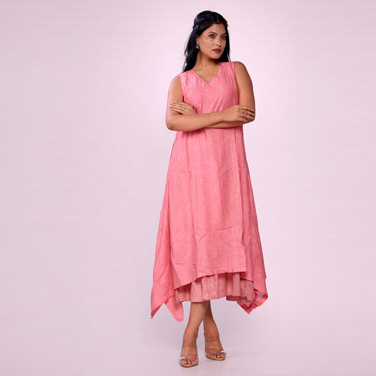 Women's Coral Pink Chanderi Midi Dress | Sleeveless Flared Ethnic Dress | Casual, Festive & Summer Wear