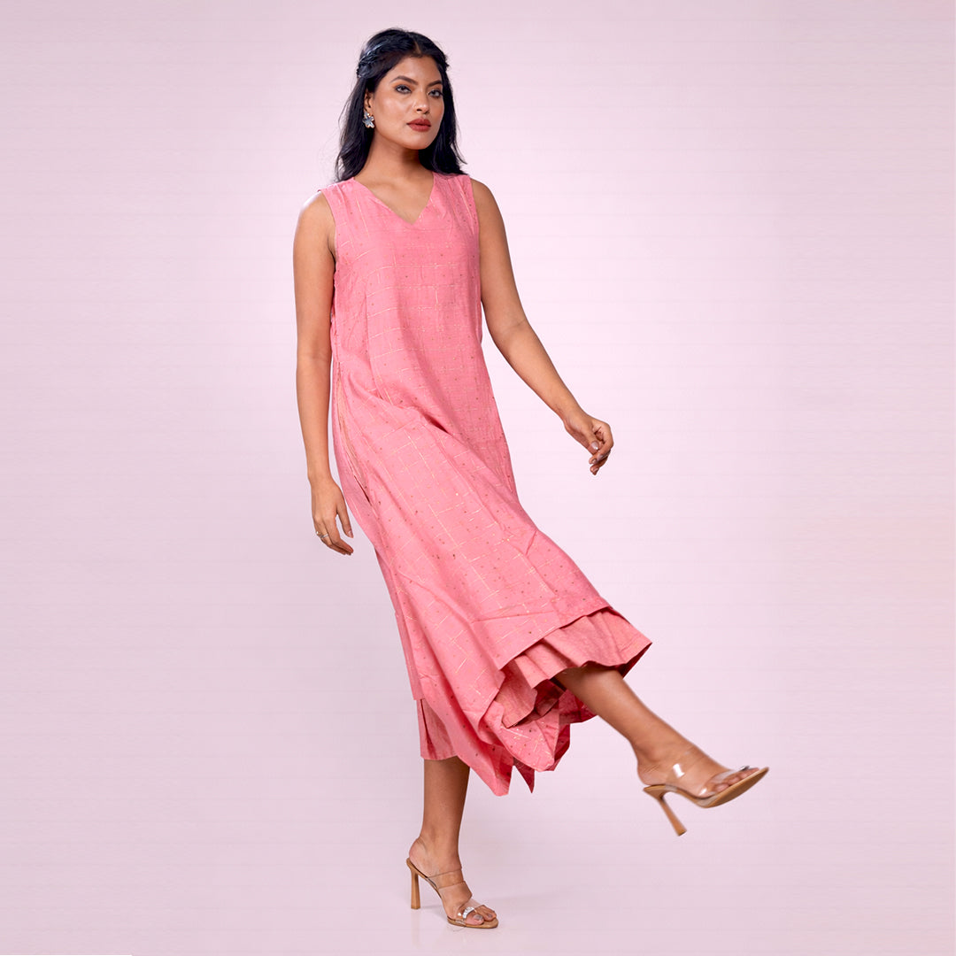 Women's Coral Pink Chanderi Midi Dress | Sleeveless Flared Ethnic Dress | Casual, Festive & Summer Wear