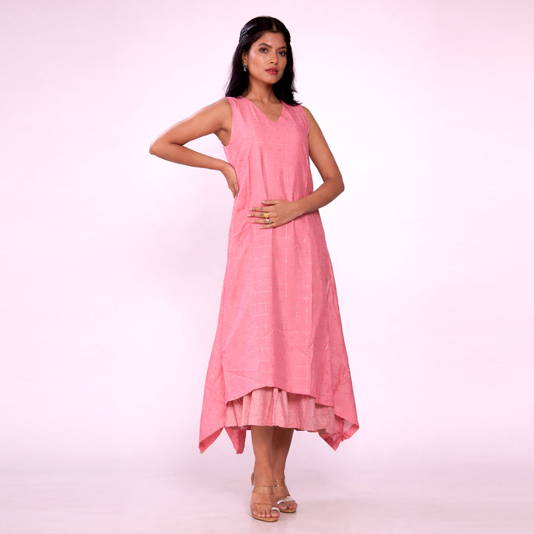 Women's Coral Pink Chanderi Midi Dress | Sleeveless Flared Ethnic Dress | Casual, Festive & Summer Wear