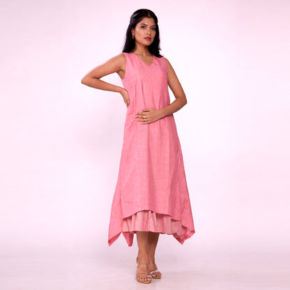 Women's Coral Pink Chanderi Midi Dress | Sleeveless Flared Ethnic Dress | Casual, Festive & Summer Wear