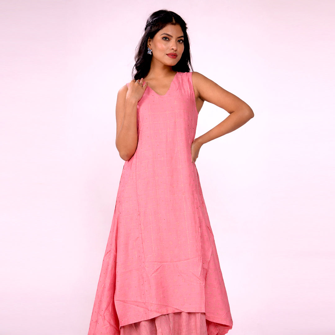 Women's Coral Pink Chanderi Midi Dress | Sleeveless Flared Ethnic Dress | Casual, Festive & Summer Wear