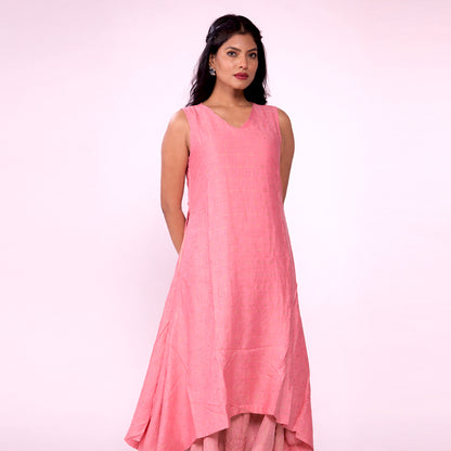 Women's Coral Pink Chanderi Midi Dress | Sleeveless Flared Ethnic Dress | Casual, Festive & Summer Wear
