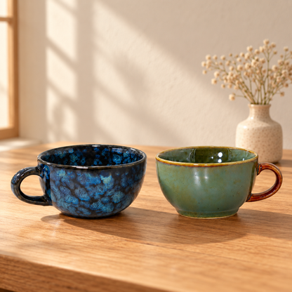 Handcrafted Ceramic Tea Cups Set of 2 – Blue & Olive Green