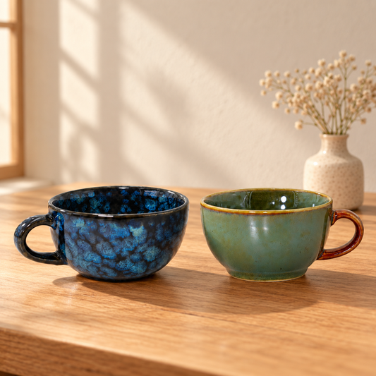 Handcrafted Ceramic Tea Cups Set of 2 – Blue & Olive Green