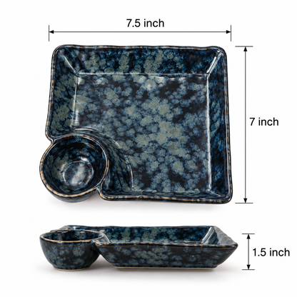 Handcrafted Ceramic Serving Tray with Dip Bowl in Blue Colour
