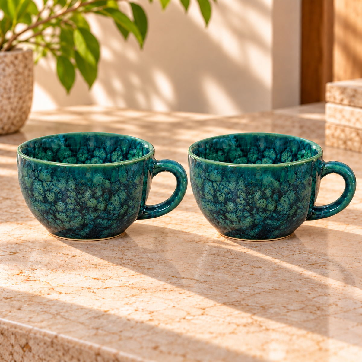 Handcrafted Ceramic Coffee Cups Set of 2 in Teal Green Colour