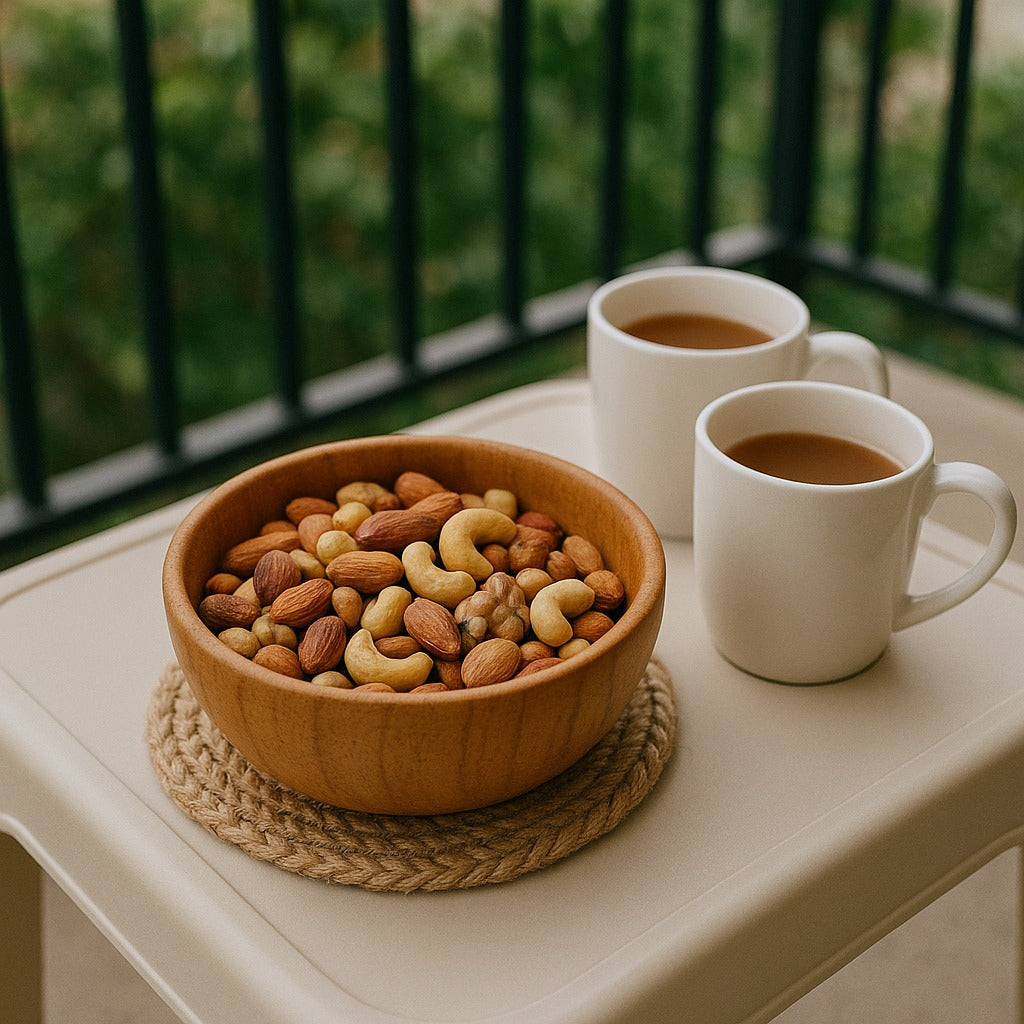 Snazzy Scoops Bowl - Lifestyle Image of Snazzy Scoops Bowl with Dry Furits in it and Two cup of Tea
