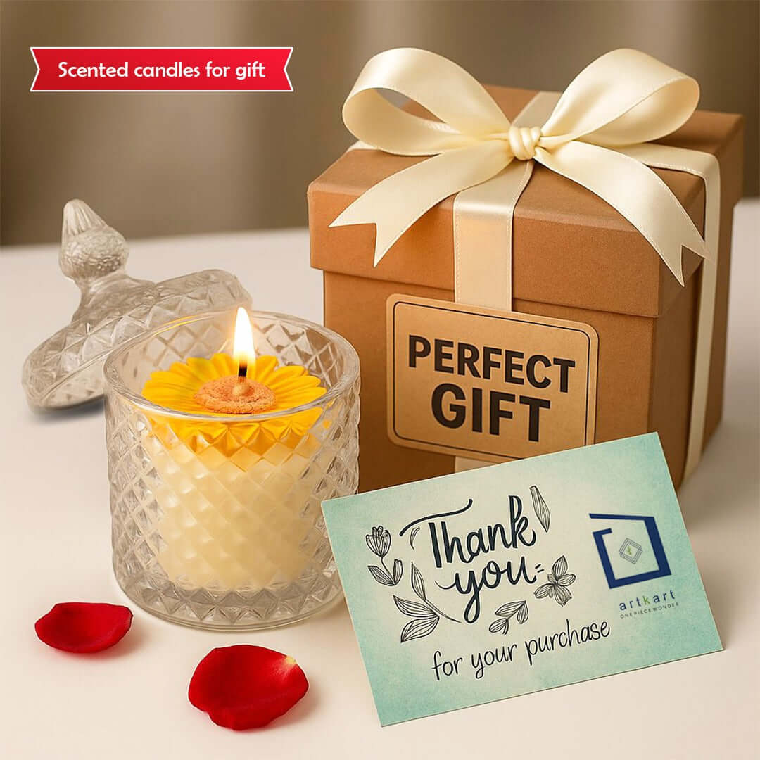Sunny Sunflower scented candle - Lifestyle Image of Scented Candle with Gift Box and a Card