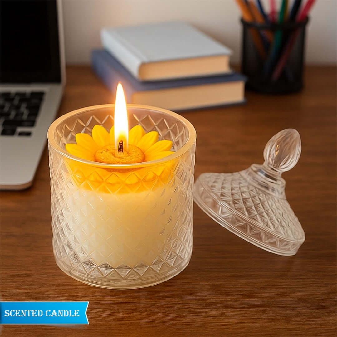 Sunny Sunflower scented candle - Lifestyle Image of Sunflower Scented Candle on a table 