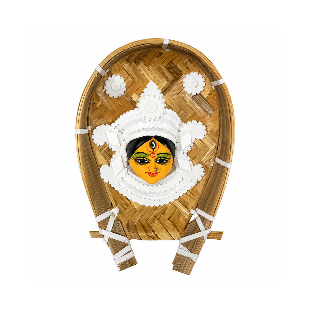 Handcrafted Sholapith Devi Wall Hanging | Traditional Bengali Durga Face Art on Bamboo Kulo | Ethnic Home Décor I Shola Durga