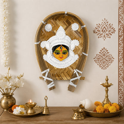 Handcrafted Sholapith Devi Wall Hanging | Traditional Bengali Durga Face Art on Bamboo Kulo | Ethnic Home Décor I Shola Durga