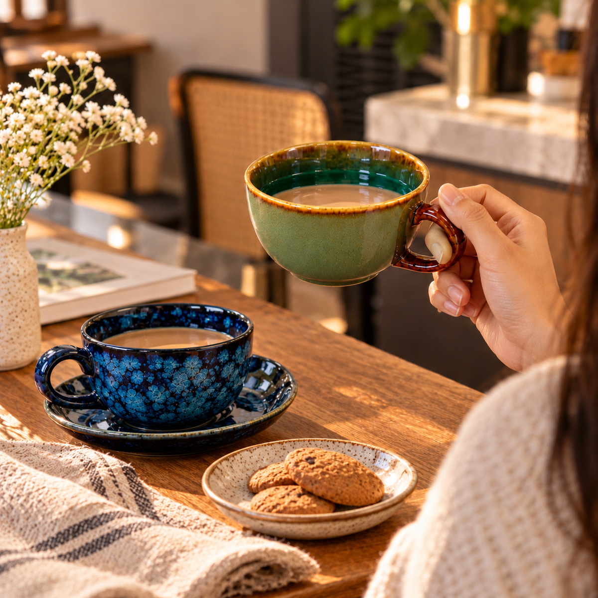 Handcrafted Ceramic Tea Cups Set of 2 – Blue & Olive Green