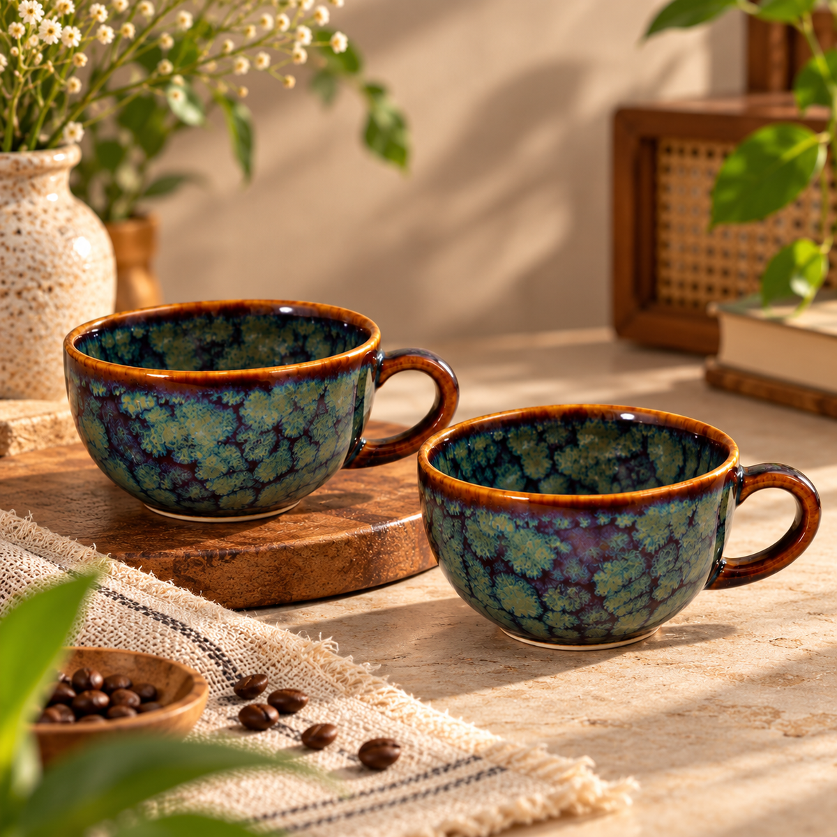 Set of 2 Artisanal Ceramic Cups – Blue, Green & Brown Reactive Glaze