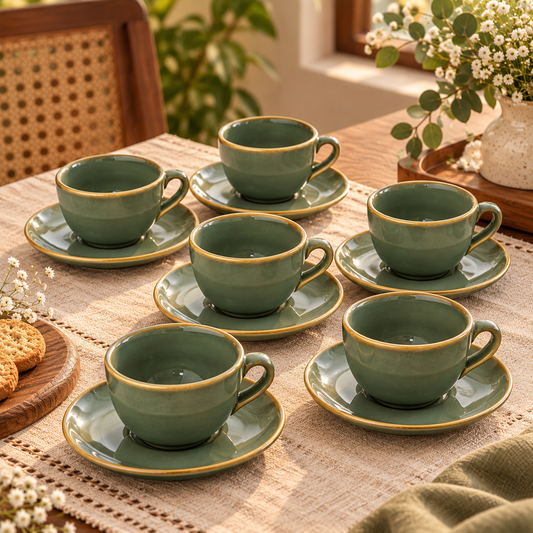 Ceramic Tea Cup & Saucer Set of 6 – Sage Green with Golden Rim