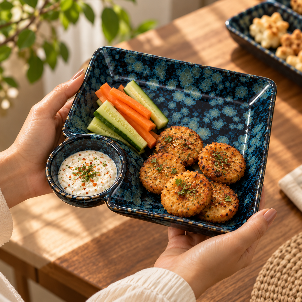 Handcrafted Ceramic Serving Tray with Dip Bowl in Blue Colour