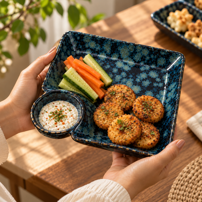 Handcrafted Ceramic Serving Tray with Dip Bowl in Blue Colour