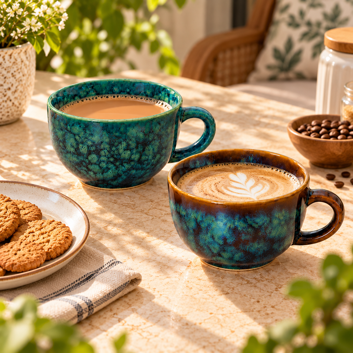 Handcrafted Ceramic Coffee Cups Set in Teal & Brown Colour