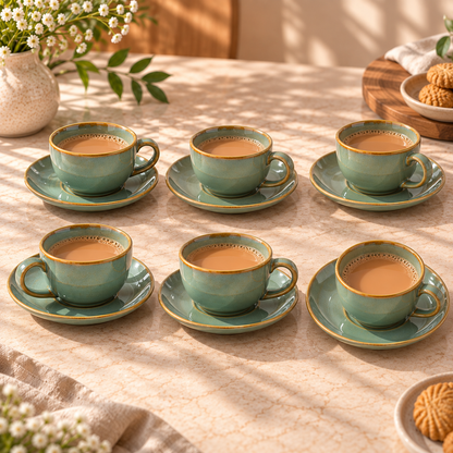 Set of 6 Sage Green Ceramic Cups & Saucers with Golden Rim