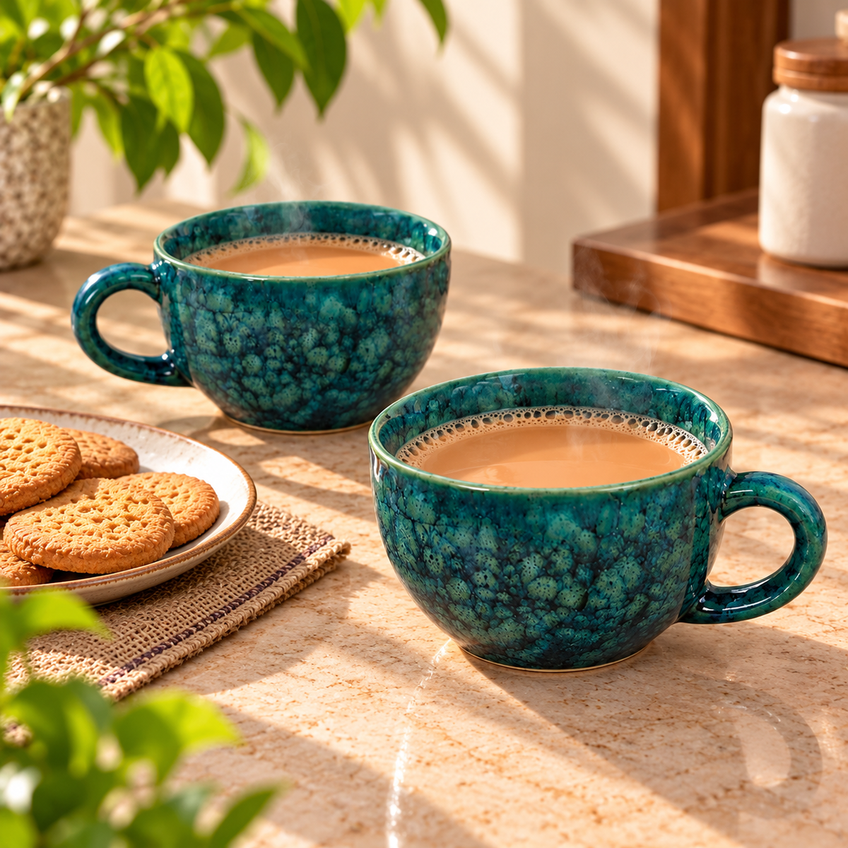Handcrafted Ceramic Coffee Cups Set of 2 in Teal Green Colour