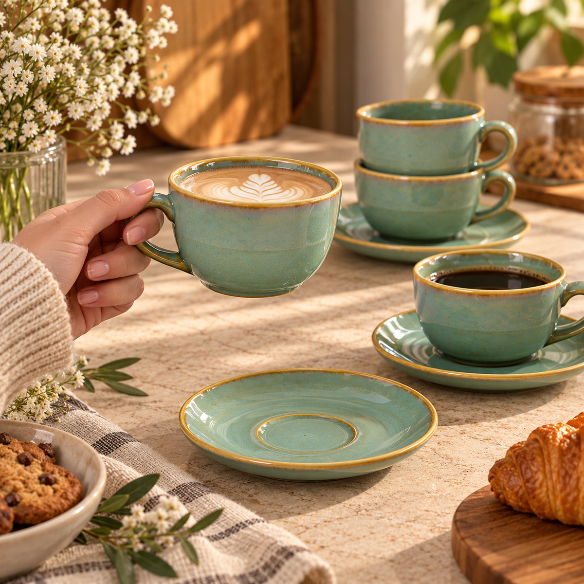 Set of 6 Sage Green Ceramic Cups & Saucers with Golden Rim