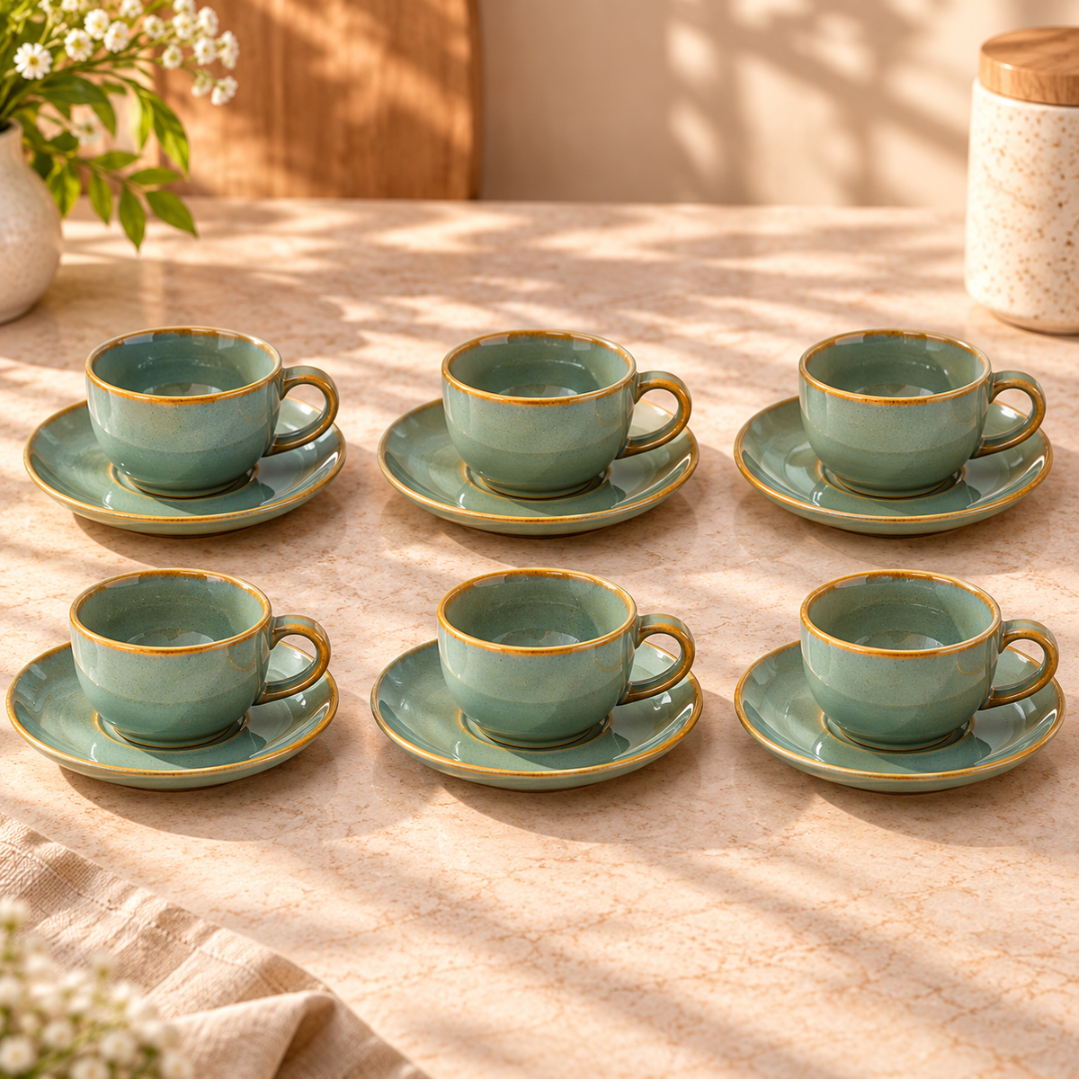 Set of 6 Sage Green Ceramic Cups & Saucers with Golden Rim