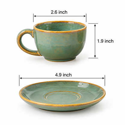 Set of 6 Sage Green Ceramic Cups & Saucers with Golden Rim
